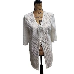 Anne Cole Cardigan Womens Size XL White Crochet TieFront 34 Sleeve Resort Boho‎